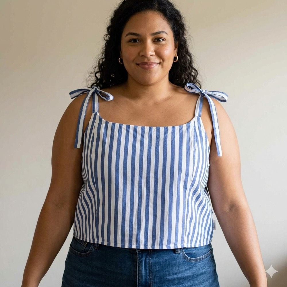 Womens XL Blue White Striped Tie Strap Cotton Cami Tank Top Summer Beach‎